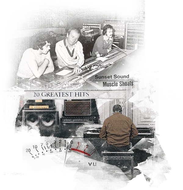 Engineers and producers recording in studio using vintage analog gear. Engineers and producers recording in studio using vintage analog gear.