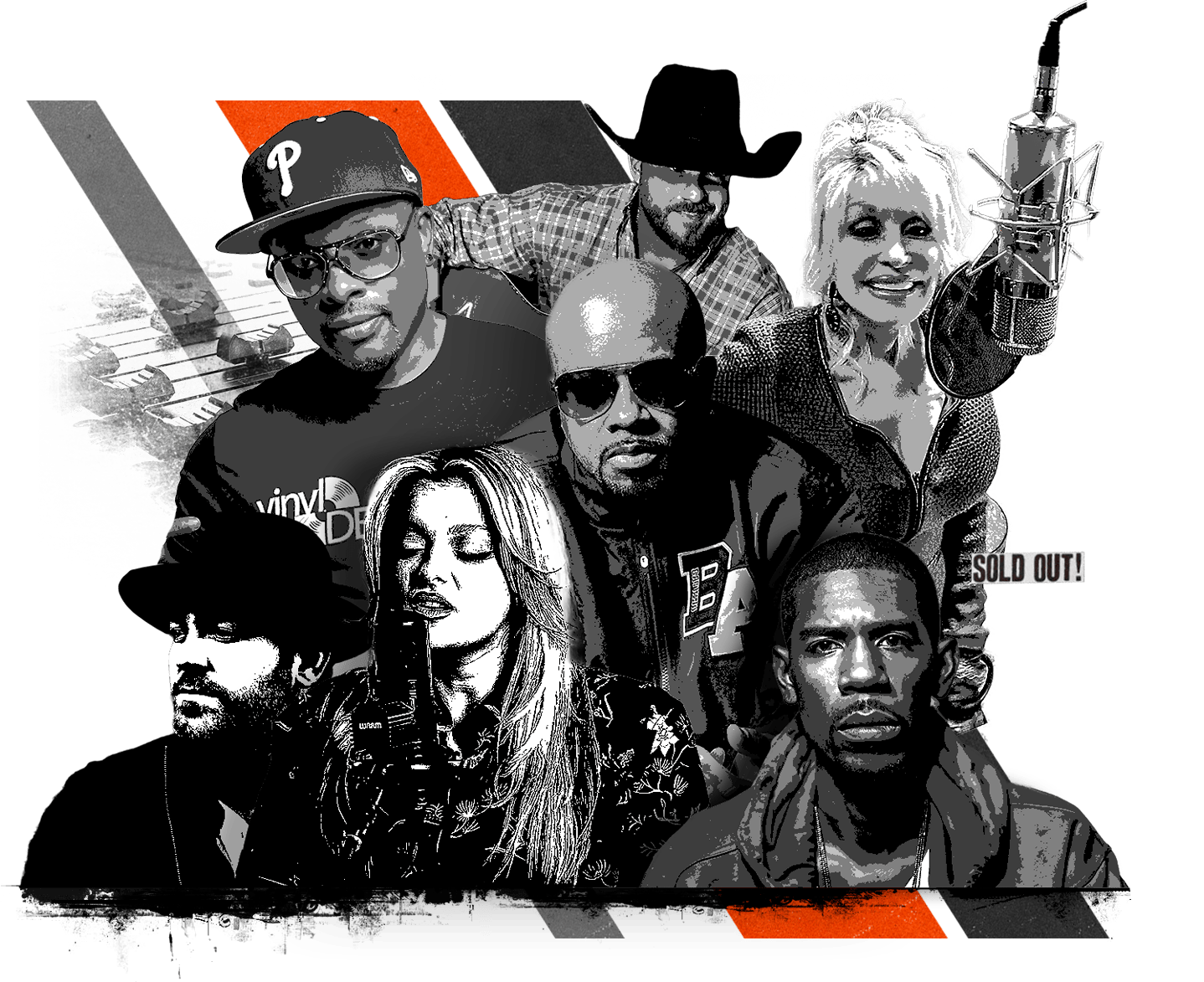 Collage of Warm Audio artists including Dolly Parton, Jermaine Dupri, BeBe Rexha, Cody Johnson, Lee Brice & Young Guru