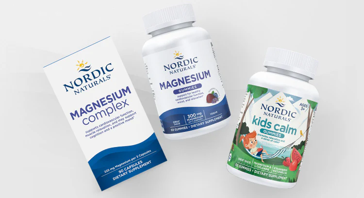 Three Nordic Naturals dietary supplements arranged against a plain light gray background: a box of Magnesium Complex capsules, a bottle of Magnesium Gummies, and a bottle of Kids Calm Gummies featuring an illustration of a child in a hammock.