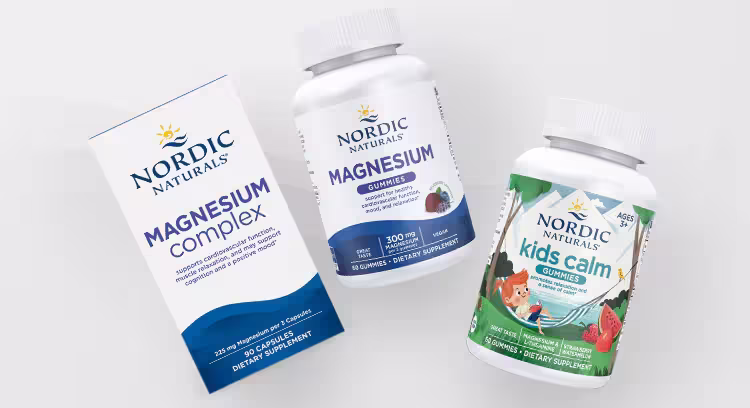 Three Nordic Naturals dietary supplements arranged against a plain light gray background: a box of Magnesium Complex capsules, a bottle of Magnesium Gummies, and a bottle of Kids Calm Gummies featuring an illustration of a child in a hammock.