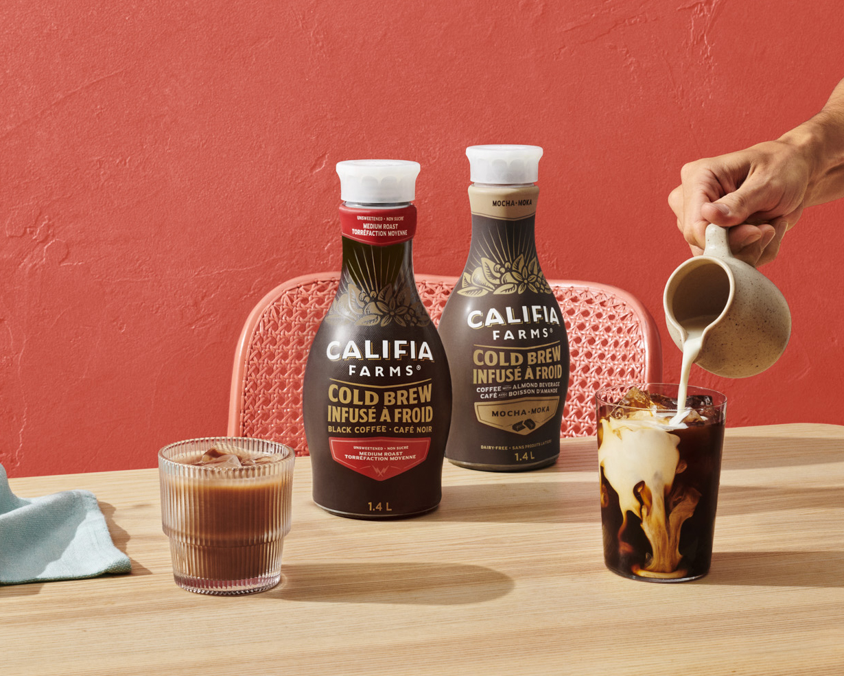Two 1.4-liter bottles of Califia Farms Cold Brew coffee—one Black Coffee and one Mocha flavor—on a wooden table. A hand pours almond milk creamer from a small pitcher into a glass of iced coffee in the foreground.
