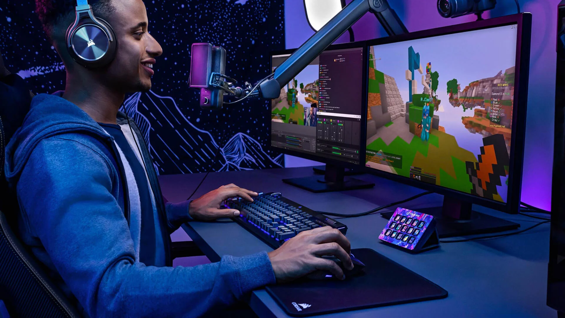 Male gamer streaming in his streaming studio