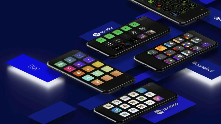 5 phones with Stream Deck Mobile app on it