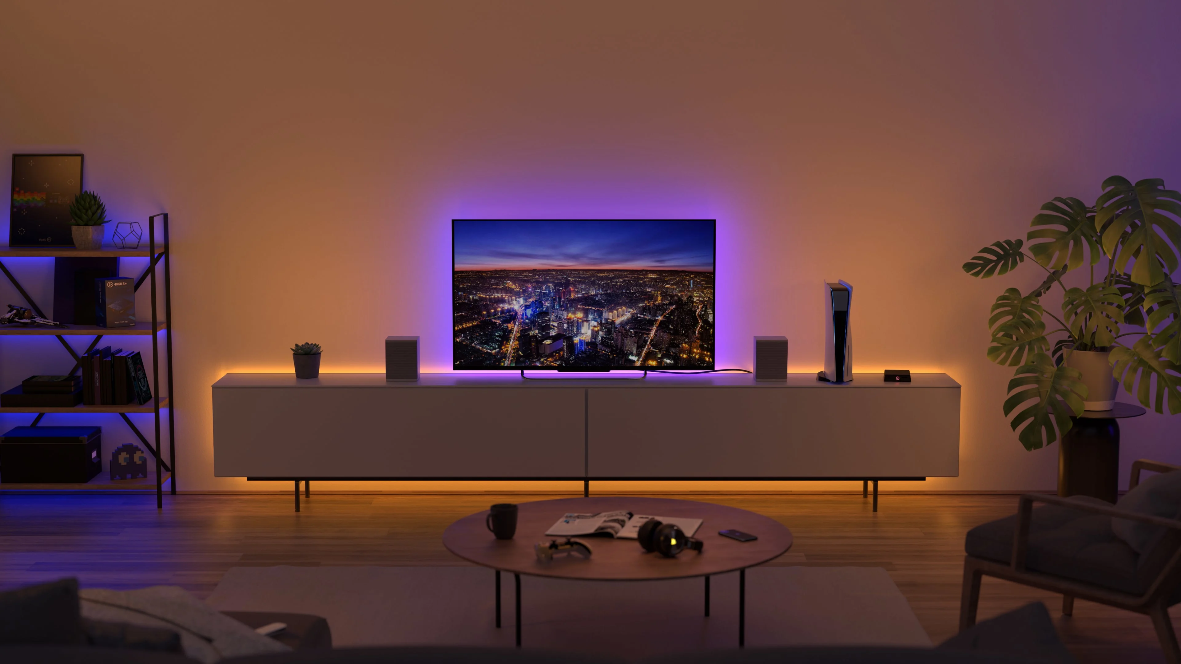 Light Strip illuminated with a purple light behind a TV