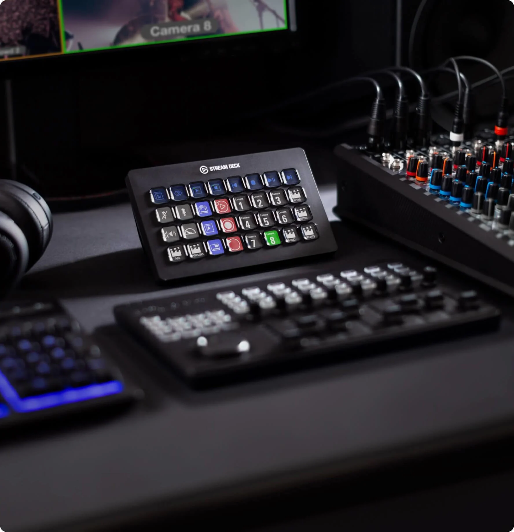 Stream Deck XL next to an audio interface in a content creator studio