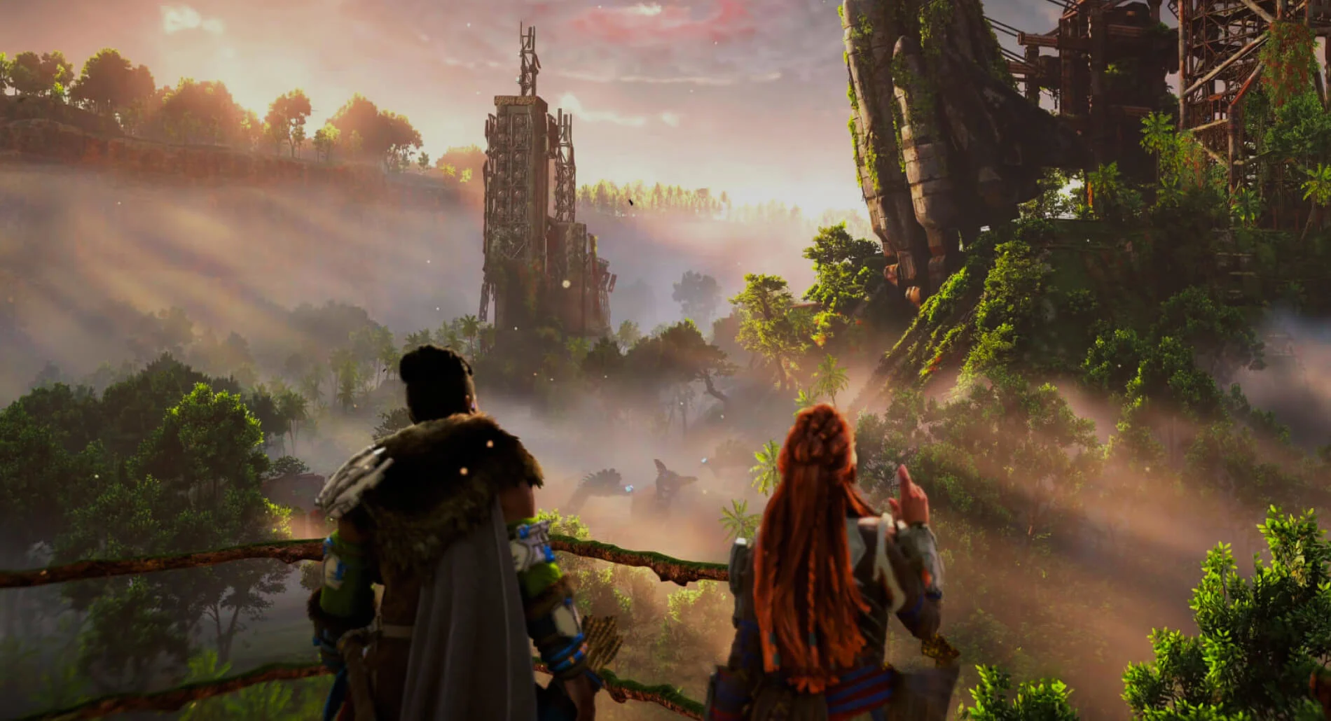 Gameplay of two people standing next to each other looking at a castle and hills in the fog, without 4K resolution