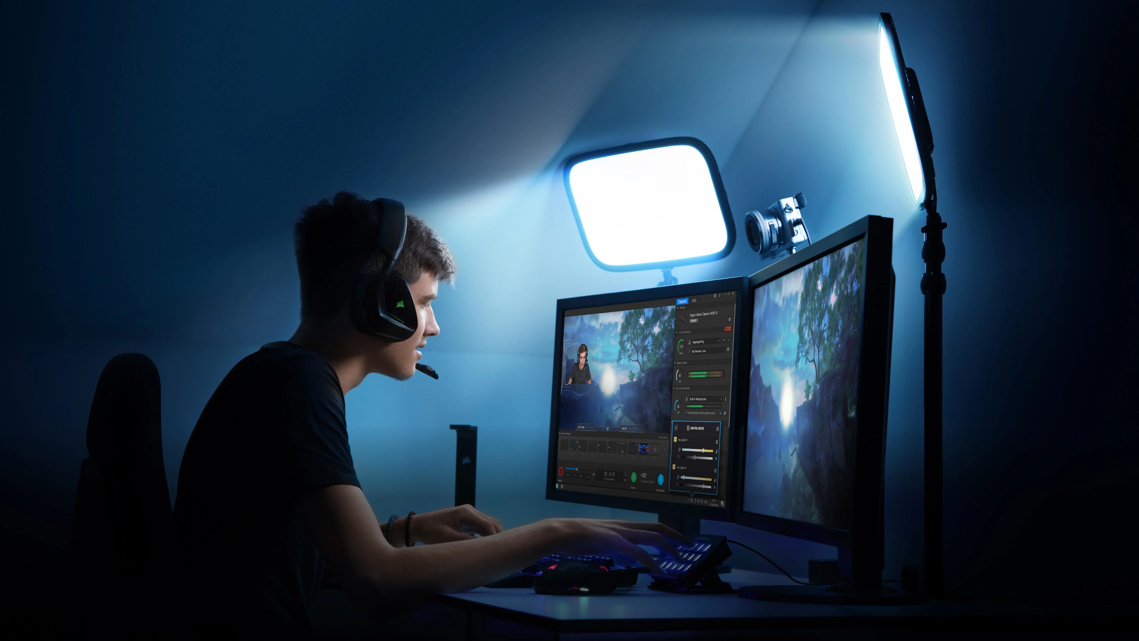 Male streamer in this streaming set up illuminated with two Key Lights
