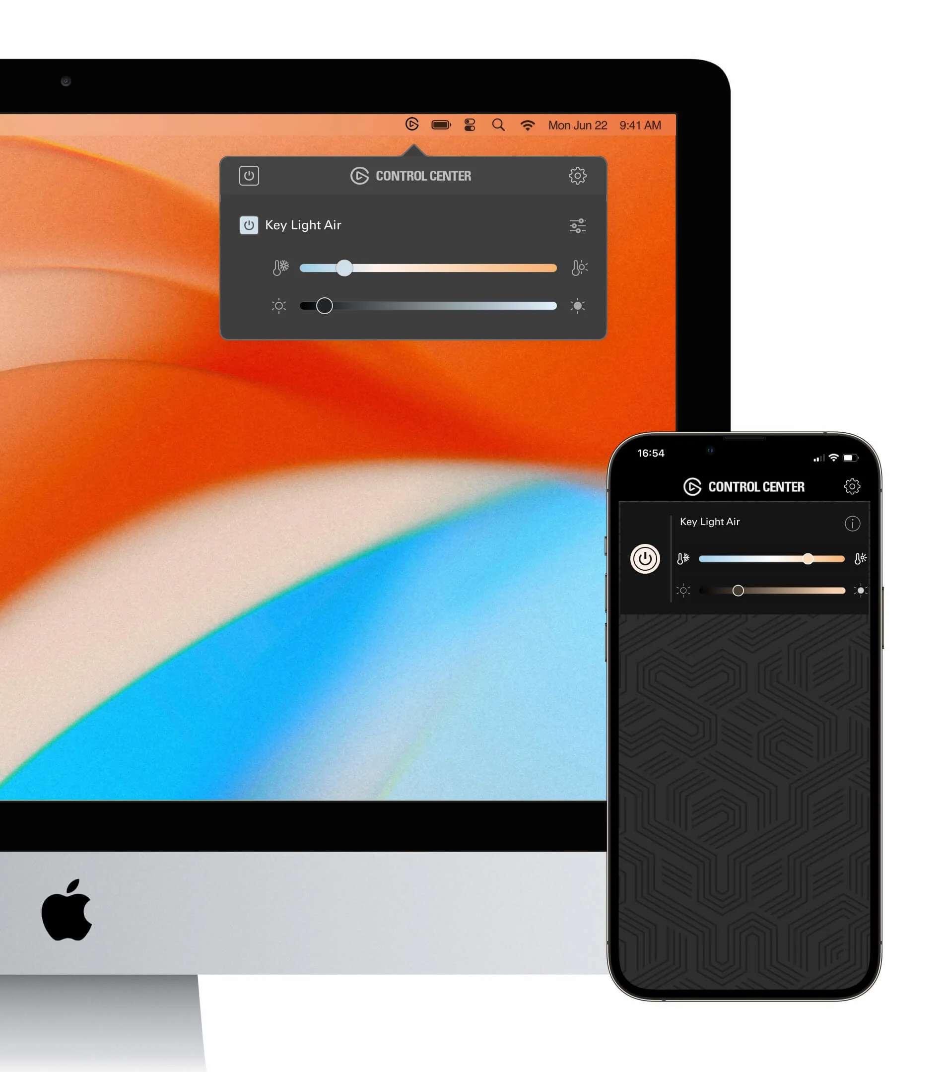 Key Light Air's Control Center software shown controlled on desktop and mobile app