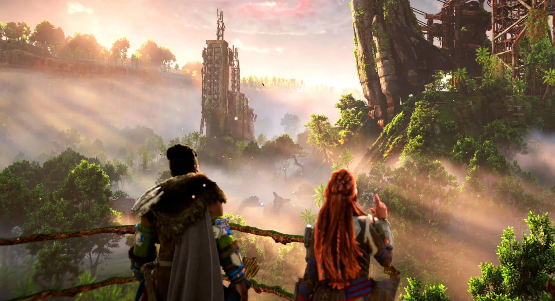Gameplay of two people standing next to each other looking at a castle and hills in the fog, with 4K resolution