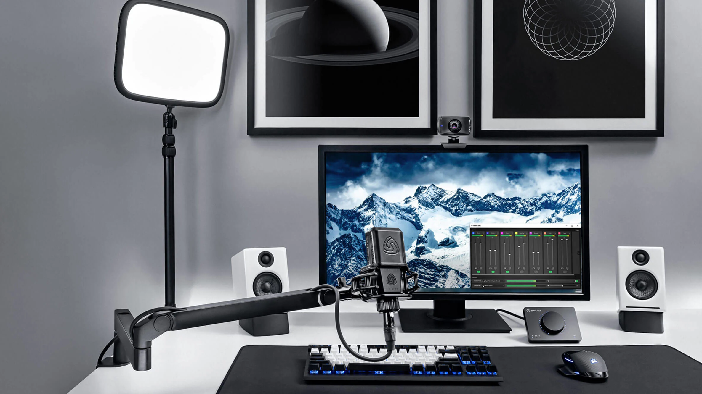 Studio setup with a dynamic microphone connected to Wave XLR, with Wave Link software on the monitor screen