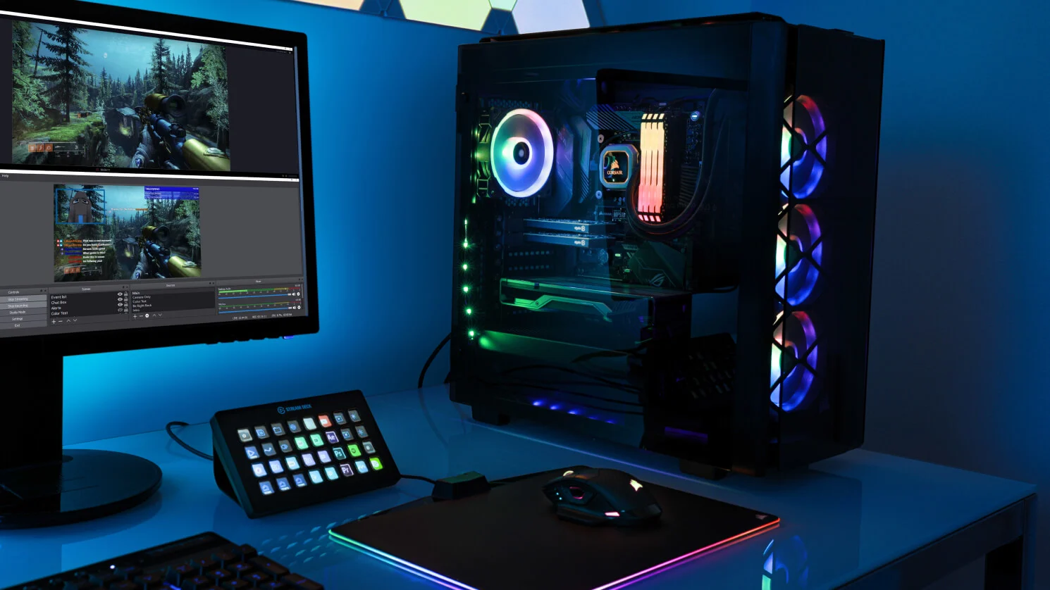 A streaming setup lit up with many blue LEDs in a room, featuring 4K60 Pro in a PC Case and Stream Deck XL