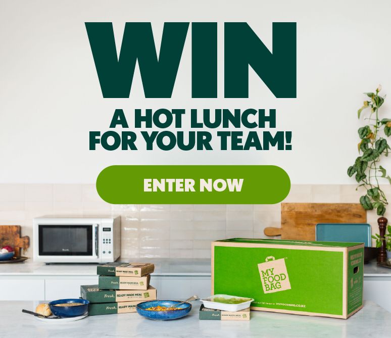 Promotional banner for a My Food Bag giveaway featuring a My Food Bag delivery box and the call to enter now to win