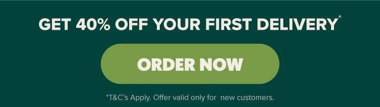banner with the headline "Get 40% off your first delivery" and a call to action button with "Order Now"
