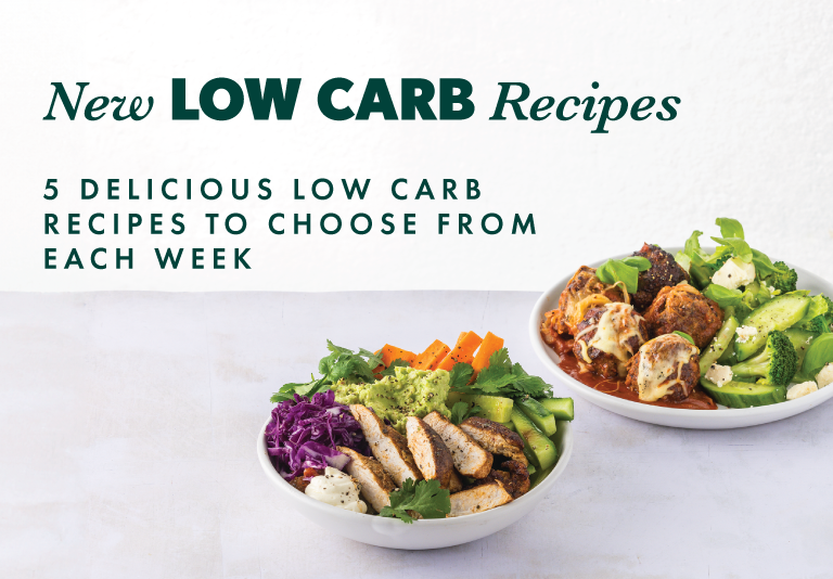 My Food Bag low carb meals served across 2 dinner plates with the heading "New low carb recipes"