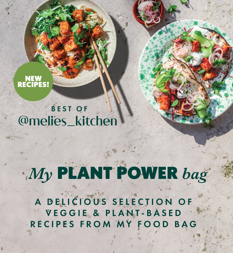 A plant-based vegetarian meal being served in a kitchen with the heading "My Plant Power Bag" and the subheading "A delicious selection of veggie & plant-based recipes from My Food Bag"