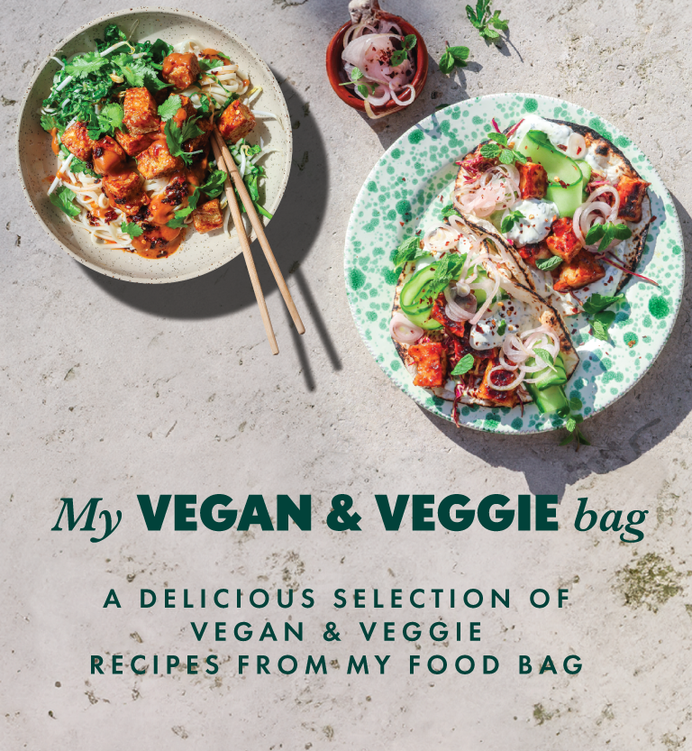 A selection of vegetarian and vegan meals being served with the heading "My Vegan & Veggie Bag" and a subheading "A delicious selection of vegan & veggie recipes from My Food Bag"