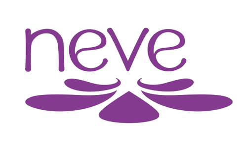 The logo features the word "neve" in a purple, rounded lowercase font. Below the text, there is a stylized purple design resembling abstract petals.