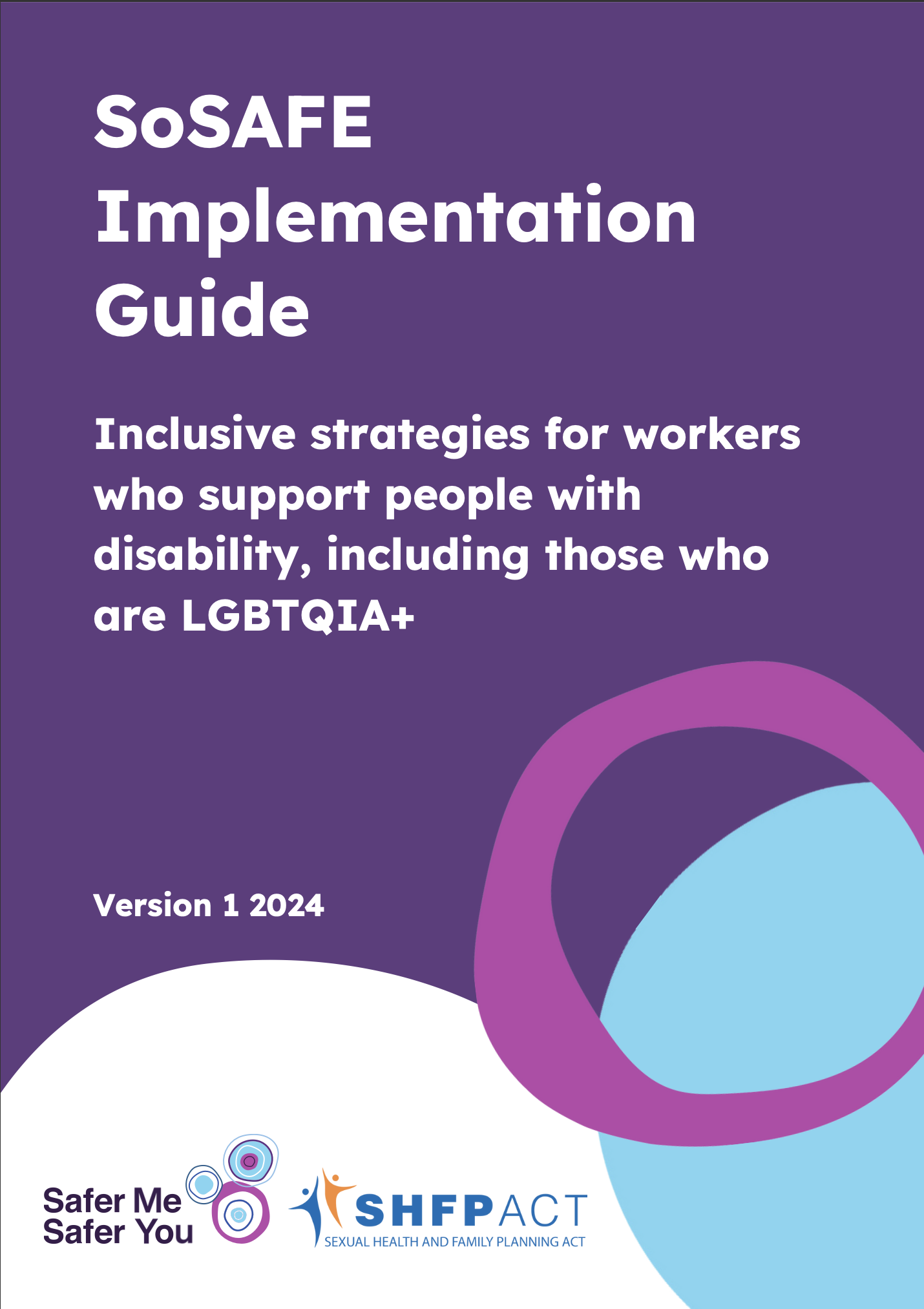 Cover page of the SoSAFE Implementation Guide titled 'Inclusive strategies for workers who support people with disability, including those who are LGBTQIA+', Version 1, 2024. Logos of 'Safer Me Safer You' and 'SHFPACT' at the bottom.