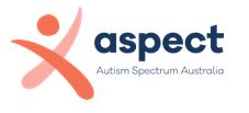 The logo for Autism Spectrum Australia (Aspect) features a stylized red figure with outstretched arms on the left. To the right of the figure is the word "aspect" in bold, dark blue letters, with "Autism Spectrum Australia" written underneath in a smaller font.