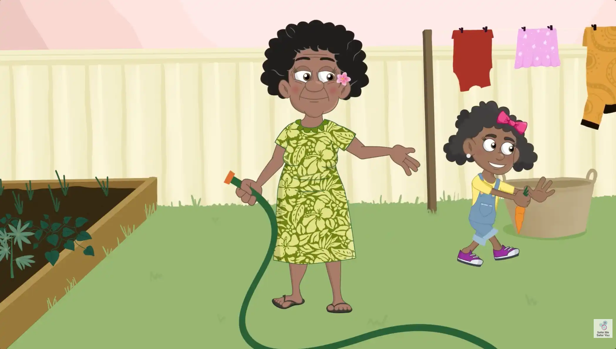 Sexual Health Animation Videos Cover Illustration of an older woman holding a garden hose next to a raised garden bed, gesturing toward a smiling young girl who is walking across the backyard holding a carrot.