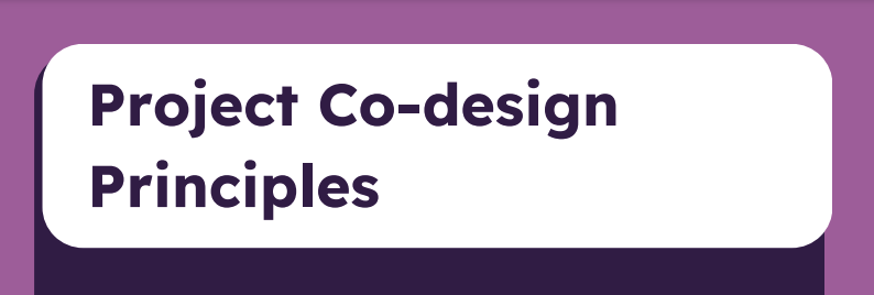 Text reading 'Project Co-design Principles' on a white card with a purple background.