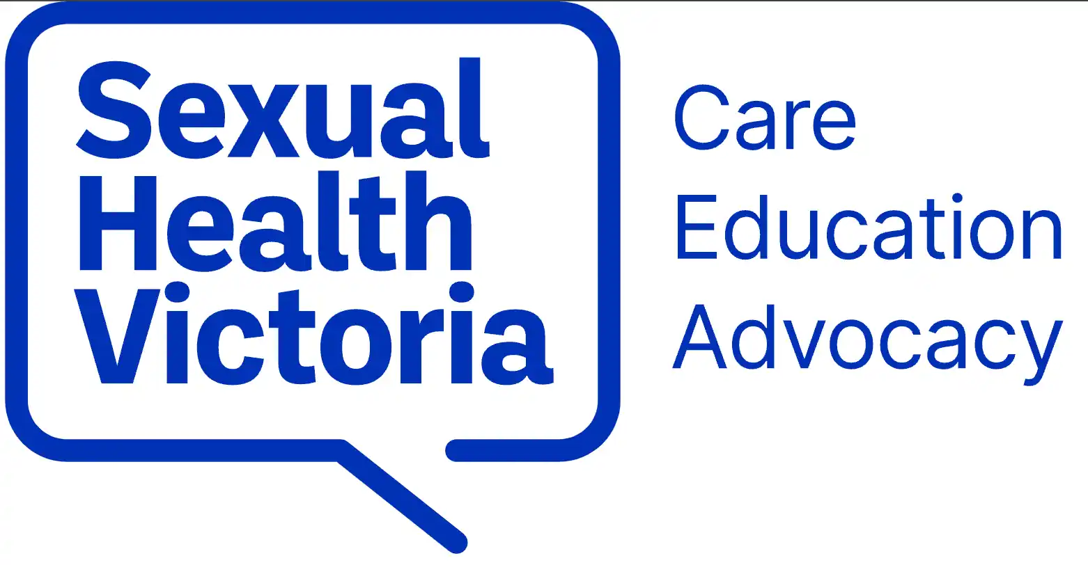 Sexual Health Victoria logo with text inside a speech bubble reading 'Sexual Health Victoria' and the words 'Care, Education, Advocacy' to the right, all in blue.