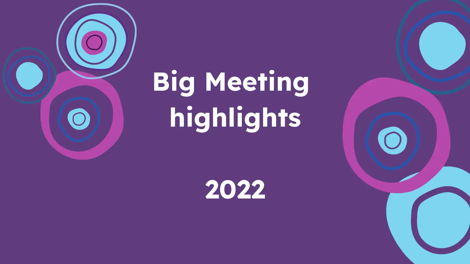 A deep purple rectangle with the old Safer Girls Safer Women logo on it. The words “Big Meeting Highlights 2022” are written on the screen. There are some decorative circles on the left and right ends of the rectangle.