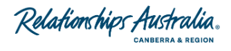 The logo for Relationships Australia Canberra & Region features the name in a blue cursive font, with "CANBERRA & REGION" in uppercase letters underneath in a smaller, sans-serif blue font.