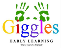 The logo for Giggles Early Learning features the word "Giggles" in a playful, multicolored font with green handprints above the letters. Below the word, "EARLY LEARNING" is written in black uppercase letters, and at the bottom, the tagline "Shared visions for childhood" is in a smaller black font.