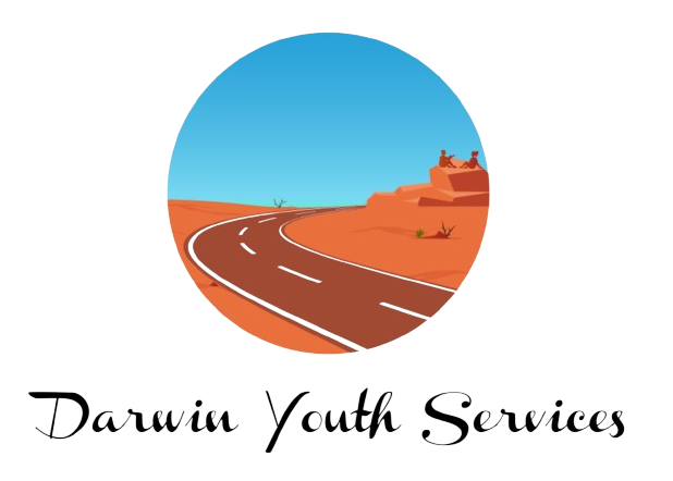 The logo for Darwin Youth Services features a circular image of a winding road through a desert landscape with red rocks and sparse vegetation under a clear blue sky. Below the image, the text "Darwin Youth Services" is written in a black cursive font.