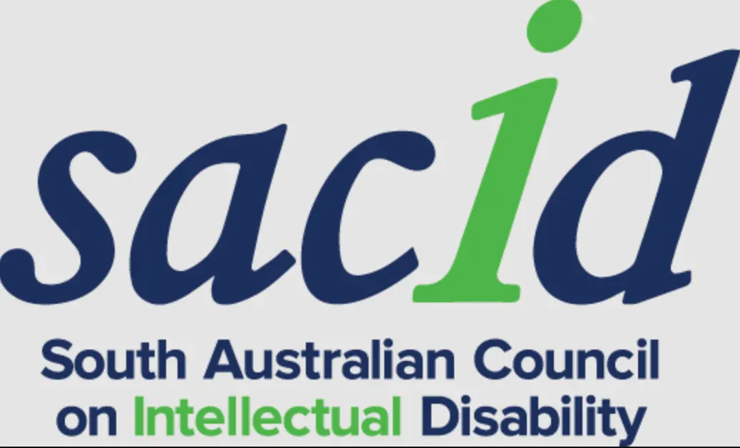 The SACID logo features the word "sacid" in navy blue, with the letter "i" in green. Below, the text "South Australian Council on Intellectual Disability" is written in navy blue, with the word "intellectual" highlighted in green.