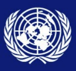 The United Nations emblem consisting of a world map in white surrounded by two olive branches, also in white, all set against a dark blue background. 