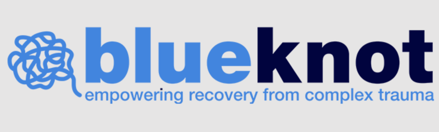 The logo of "Blue Knot," with a tangled knot symbol on the left. The text reads "blue knot" in shades of blue, followed by the tagline "empowering recovery from complex trauma" in smaller text beneath the logo.