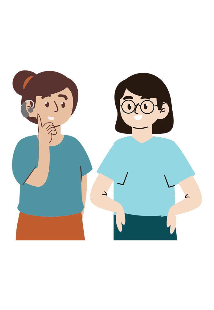Two people standing together; the one on the left has her hair in a bun, wears a behind-the-ear hearing aid, and looks thoughtful with a finger to her chin, while the one on the right wears round glasses and smiles.