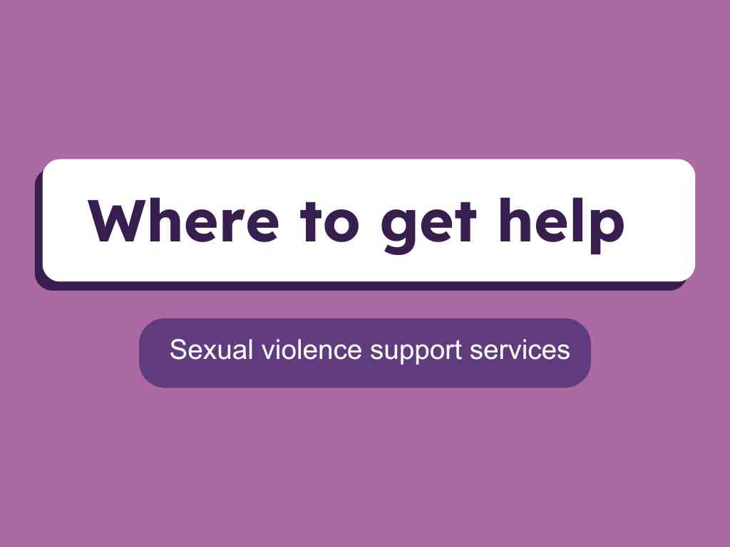 The text "Where to get help" displayed in a white rectangle on a purple background, followed by "Sexual violence support services" in smaller text below.