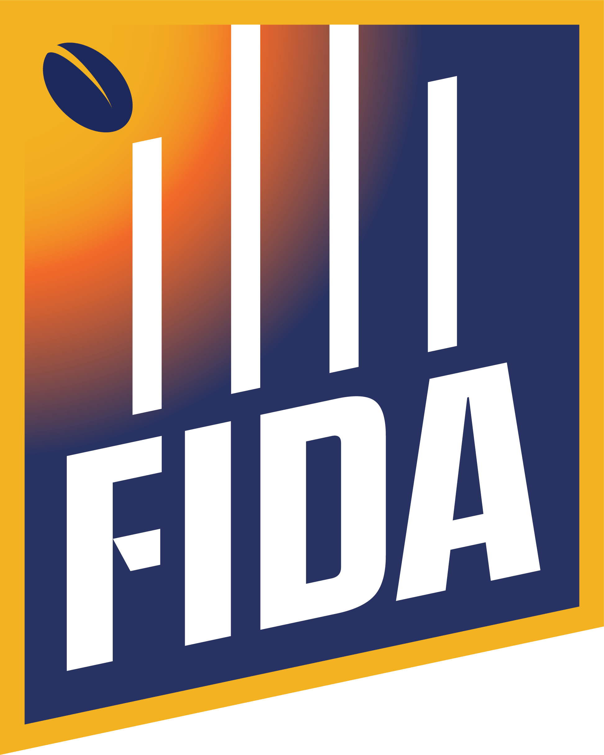 The logo for FIDA features a yellow-bordered trapezoid with a gradient background transitioning from orange at the top to dark blue at the bottom. Within the trapezoid, there are four vertical white bars of varying heights, with the word "FIDA" in bold white letters at the bottom. A stylized rugby ball is positioned at the top left corner of the logo.