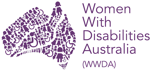 Australian map made of people in different poses n the left and texts reading Women with Disabilities Australia (WWDA) on the right.