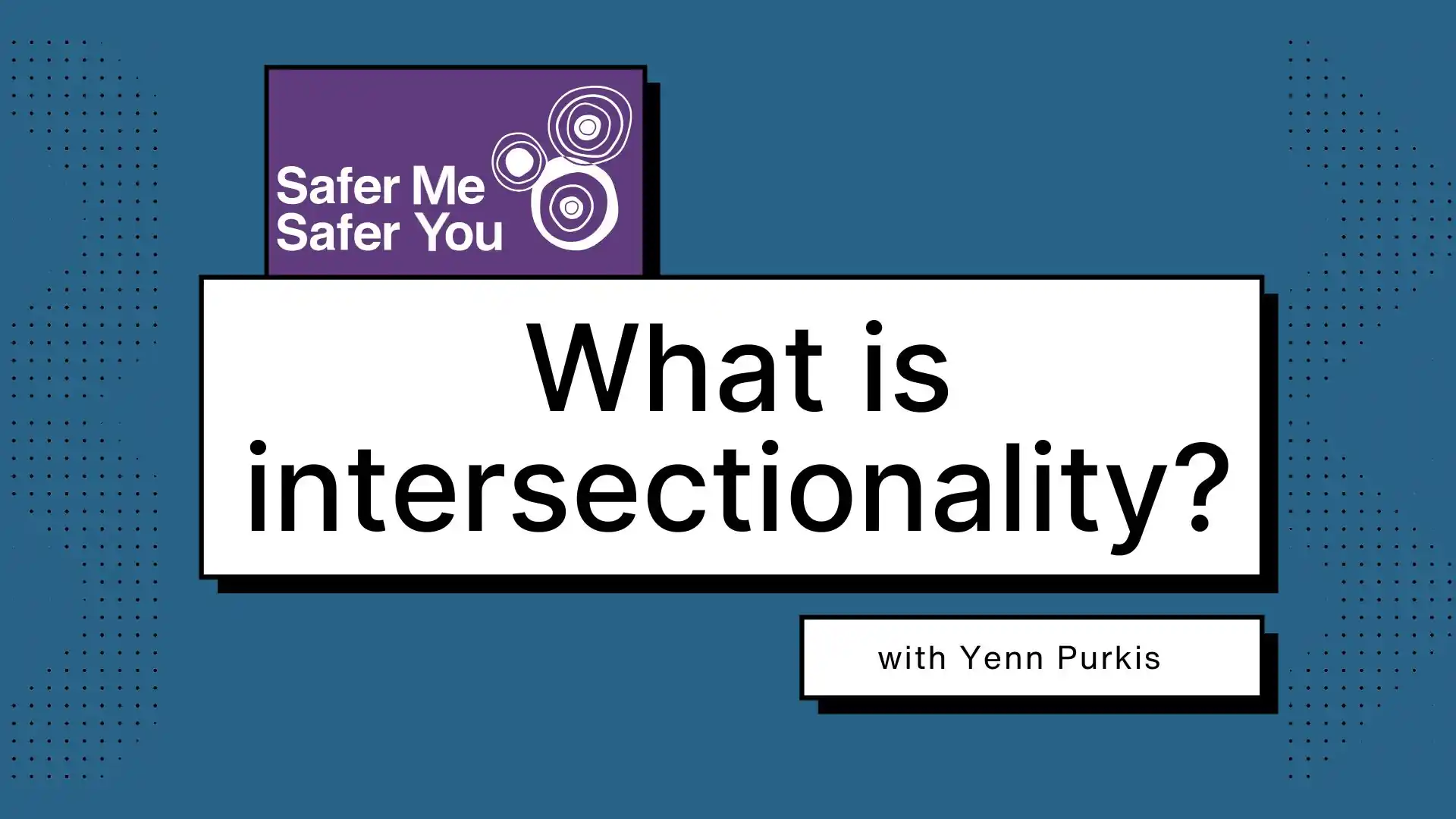 A teal rectangle with the Safer Me Safer You logo on it. The words “What is intersectionality? With Yenn Purkis” are written on the screen. There are some decorative dots on the left and right ends of the rectangle.