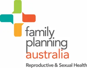 Family Planning Australia logo with a cross-shaped design in green, orange, and yellow, and the text 'family planning australia' with 'Reproductive & Sexual Health' below.