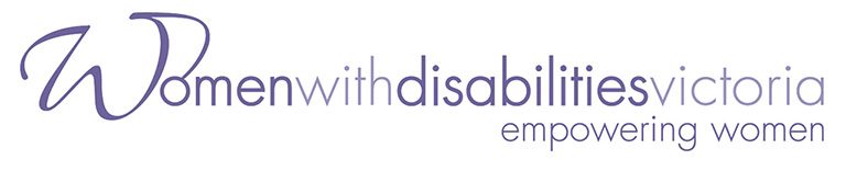 The logo for Women with Disabilities Victoria features the organization name in a stylized purple font. "Women" is written with a large cursive "W," followed by "with disabilities victoria" in a sans-serif font. The words "empowering women" are in smaller, lowercase text aligned to the right under "victoria."