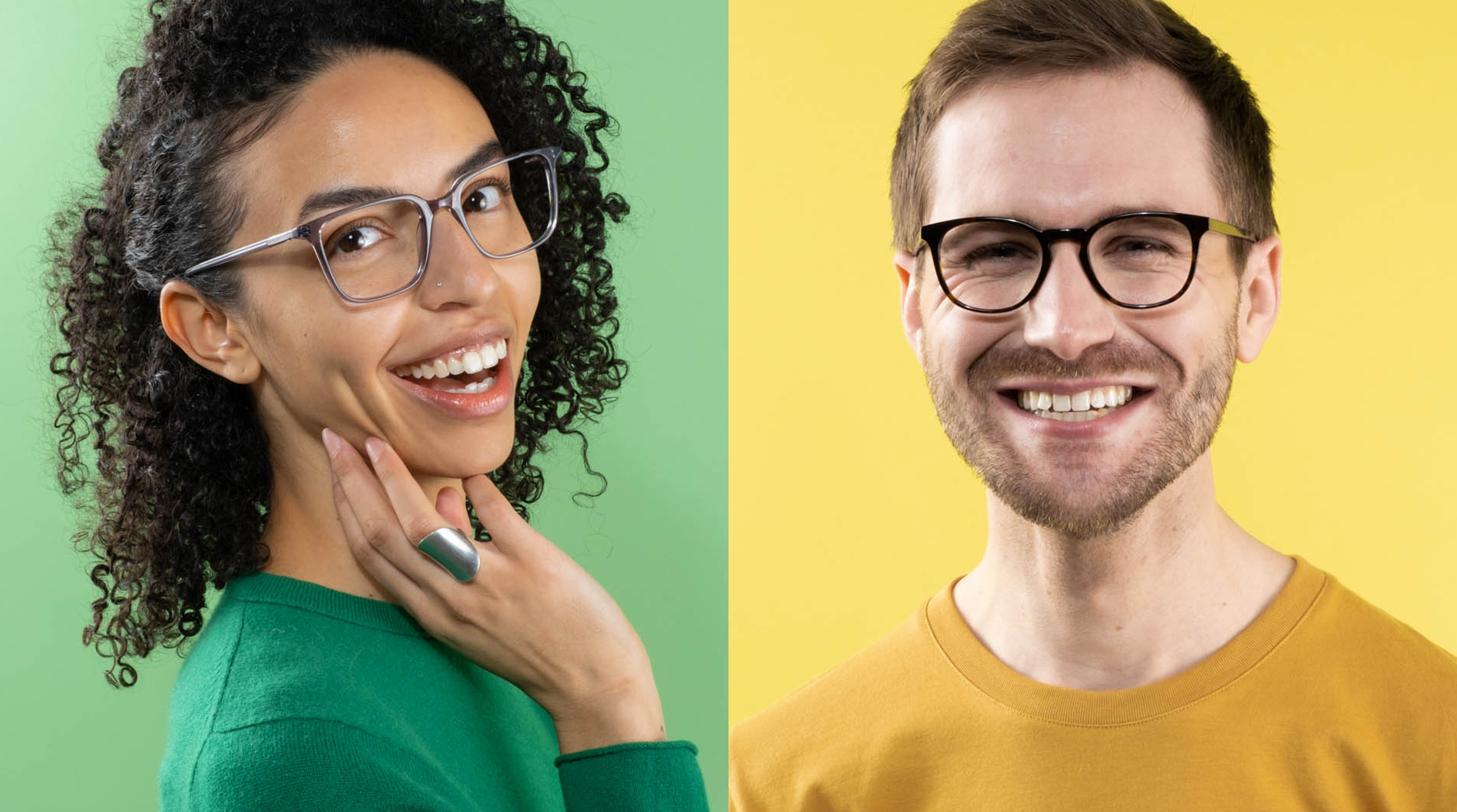 A man and woman wear Frames by Hubble Eyeglasses