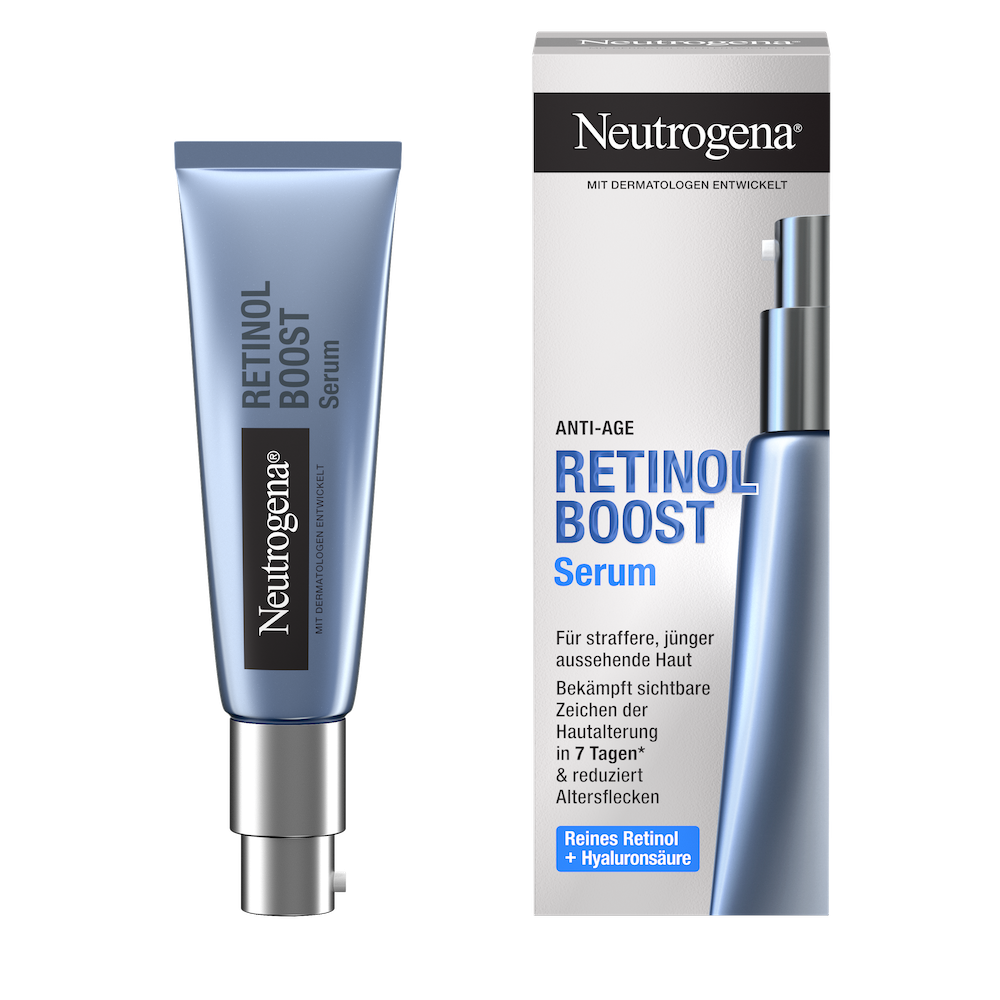  Vorderansicht Neutrogena Retinol Boost Serum Produkt neben der Verpackung
