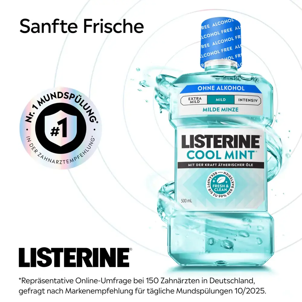 LISTERINE® COOL MINT Milde Minze ohne Alkohol mit Hinweis auf sanfte Frische und Nr. 1‑Empfehlung durch Zahnärzt:innen.