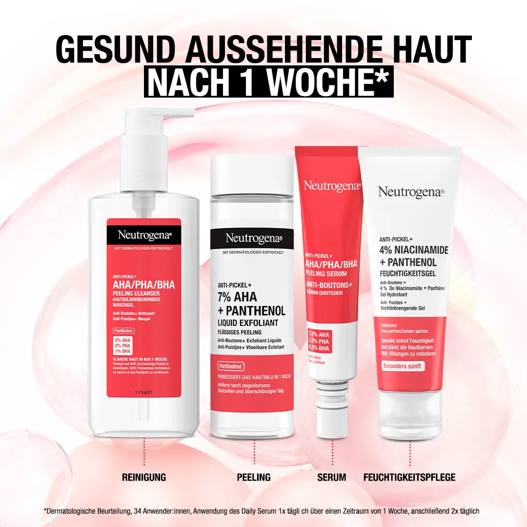 Gesund aussehende Haut nach einer Woche mit der Neutrogena Anti-Pickel Routine aus Reinigung, Peeling, Serum und Feuchtigkeitspflege. Dermatologische Beurteilung, 34 Anwender:innen, Anwendung des Daily Serum einmal täglich über einen Zeitraum von einer Wo