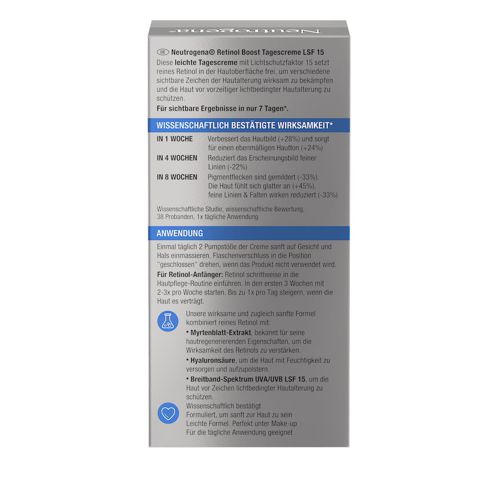 Packshot Neutrogena® Retinol Boost Tagescreme Packungsrückseite