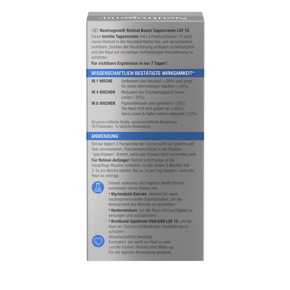 Packshot Neutrogena® Retinol Boost Tagescreme Packungsrückseite