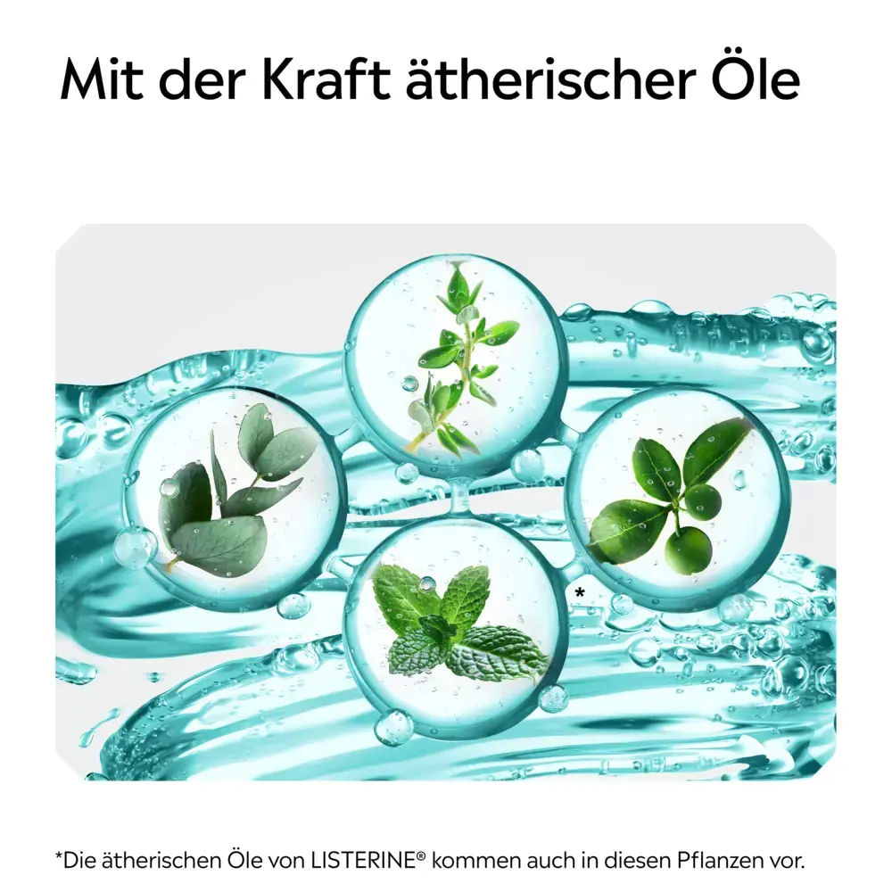 Darstellung ätherischer Pflanzenöle in Wasserblasen mit Hinweis auf die Kraft ätherischer Öle bei LISTERINE®.