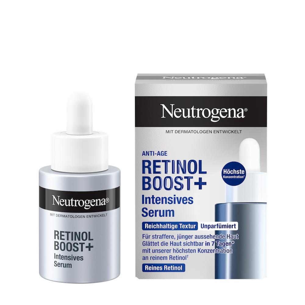Vorderansicht Neutrogena® Retinol Boost+ Intensives Serum Produkt neben der Verpackung