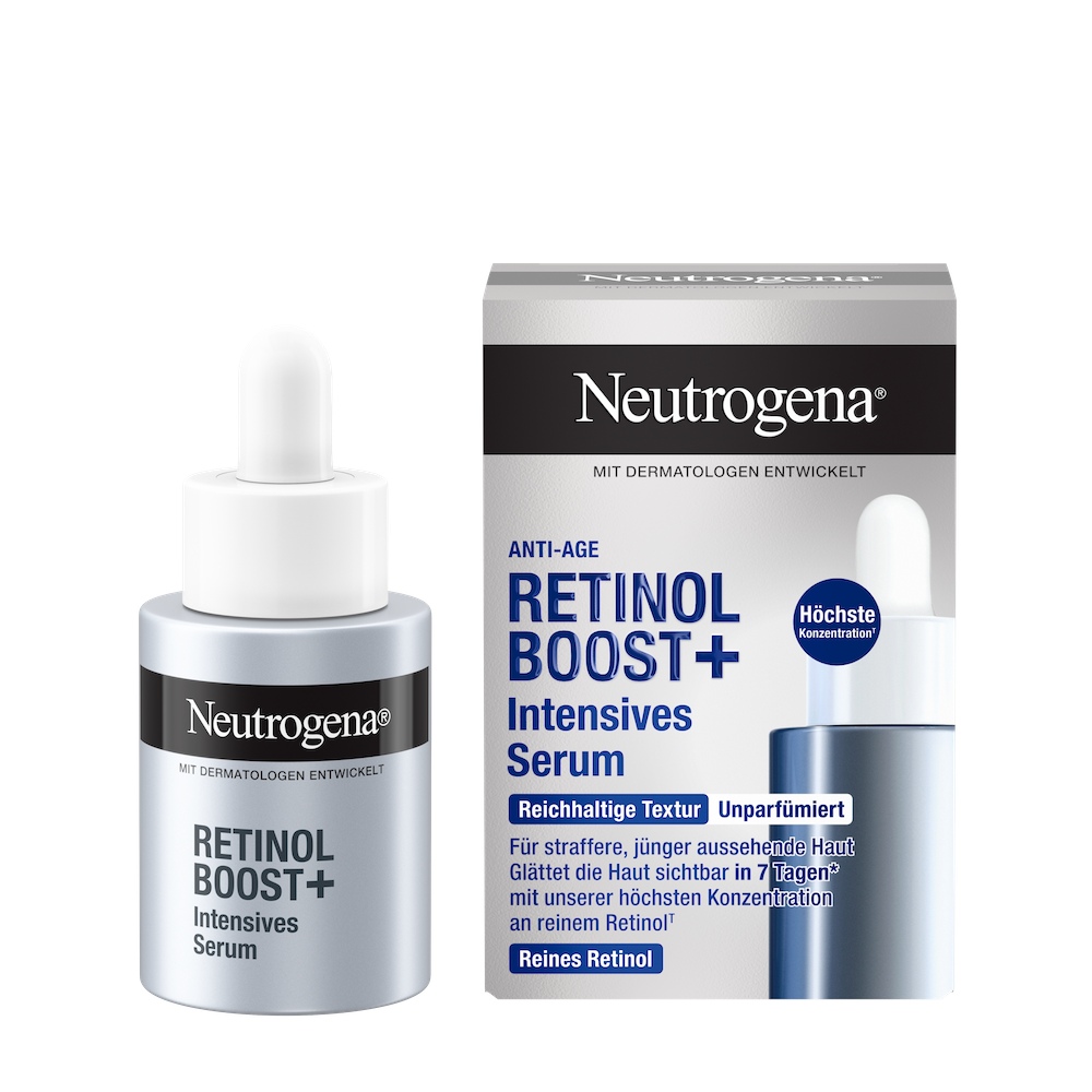 Vorderansicht Neutrogena® Retinol Boost+ Intensives Serum Produkt neben der Verpackung