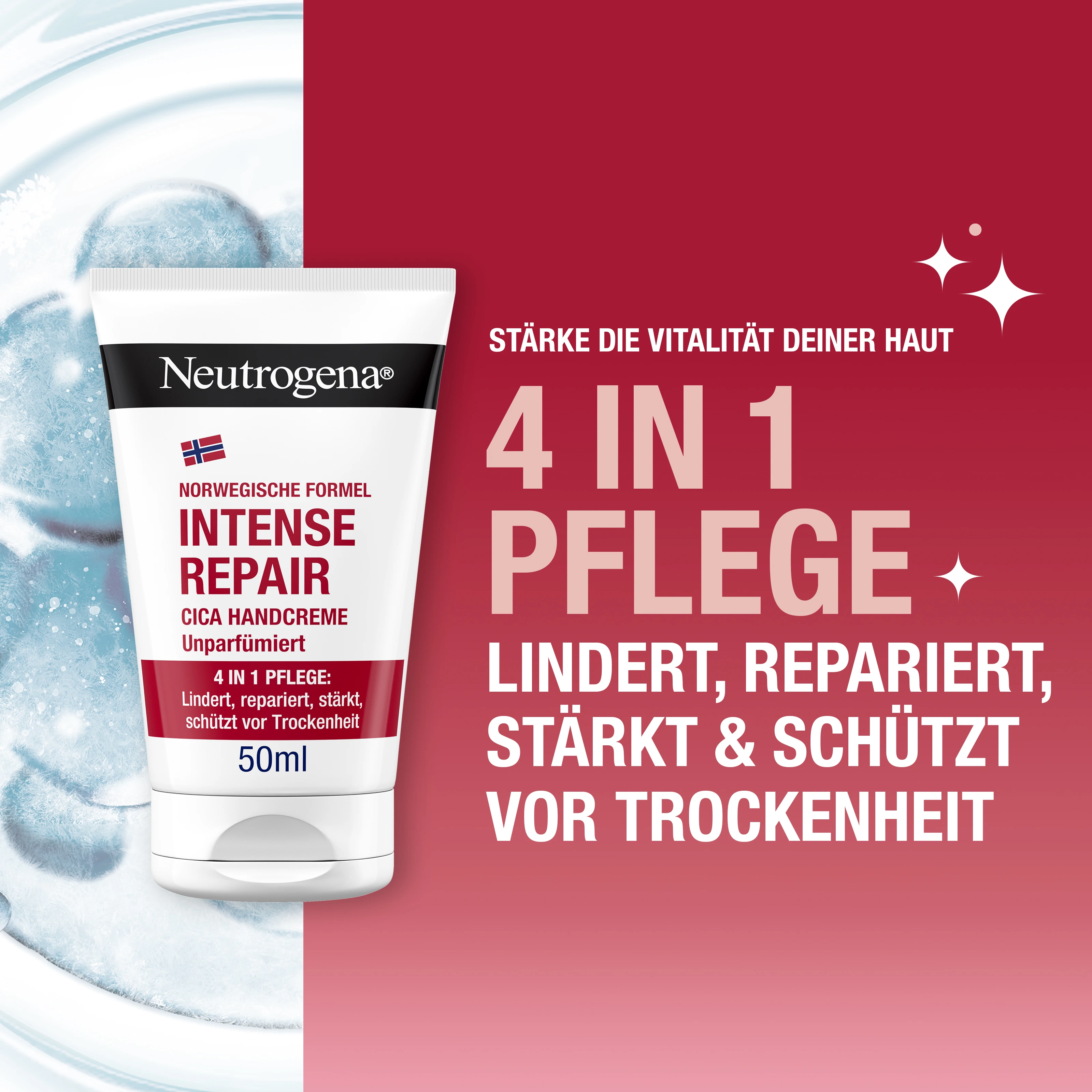  4 in 1 Pflege, Neutrogena® Norwegische Formel Intense Repair lindert, repariert, stärkt und schützt vor Trockenheit